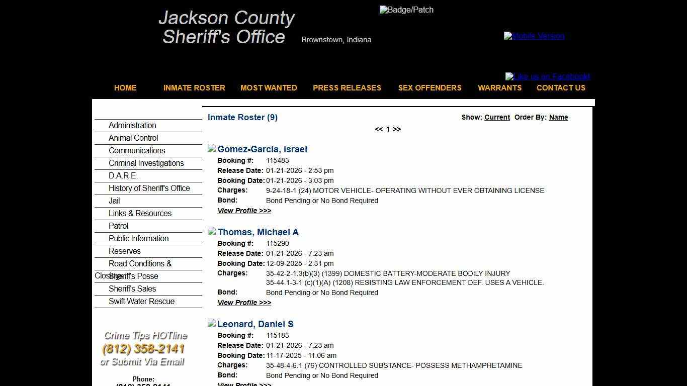 Inmate Roster - Released Inmates Booking Date Descending - Jackson County IN Sheriff